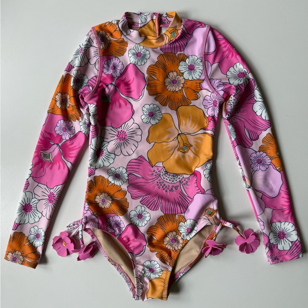 Shade Critters Girl's Retro Floral Long Sleeve One-Piece Rashguard Swimsuit - 6Y